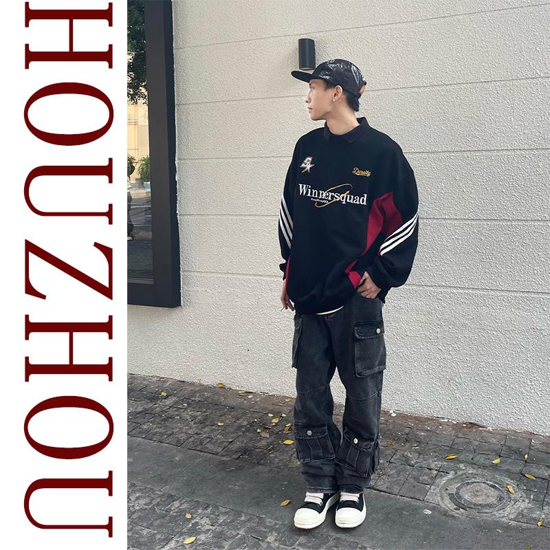 Vintage Patchwork Pullover Korean Harajuku Design Polo Neck Sweatshirt Streetwear Long Sleeve Sweatshirt Oversized Tops Y2k Style