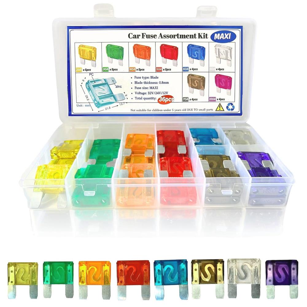 36pcs Maxi Blade Fuse Kit Assortment, 20A 30A 40A 50A 60A 70A 80A 100A Large size Fuse for SUV, RV, Motorcycle, Boat, Truck 36pcs