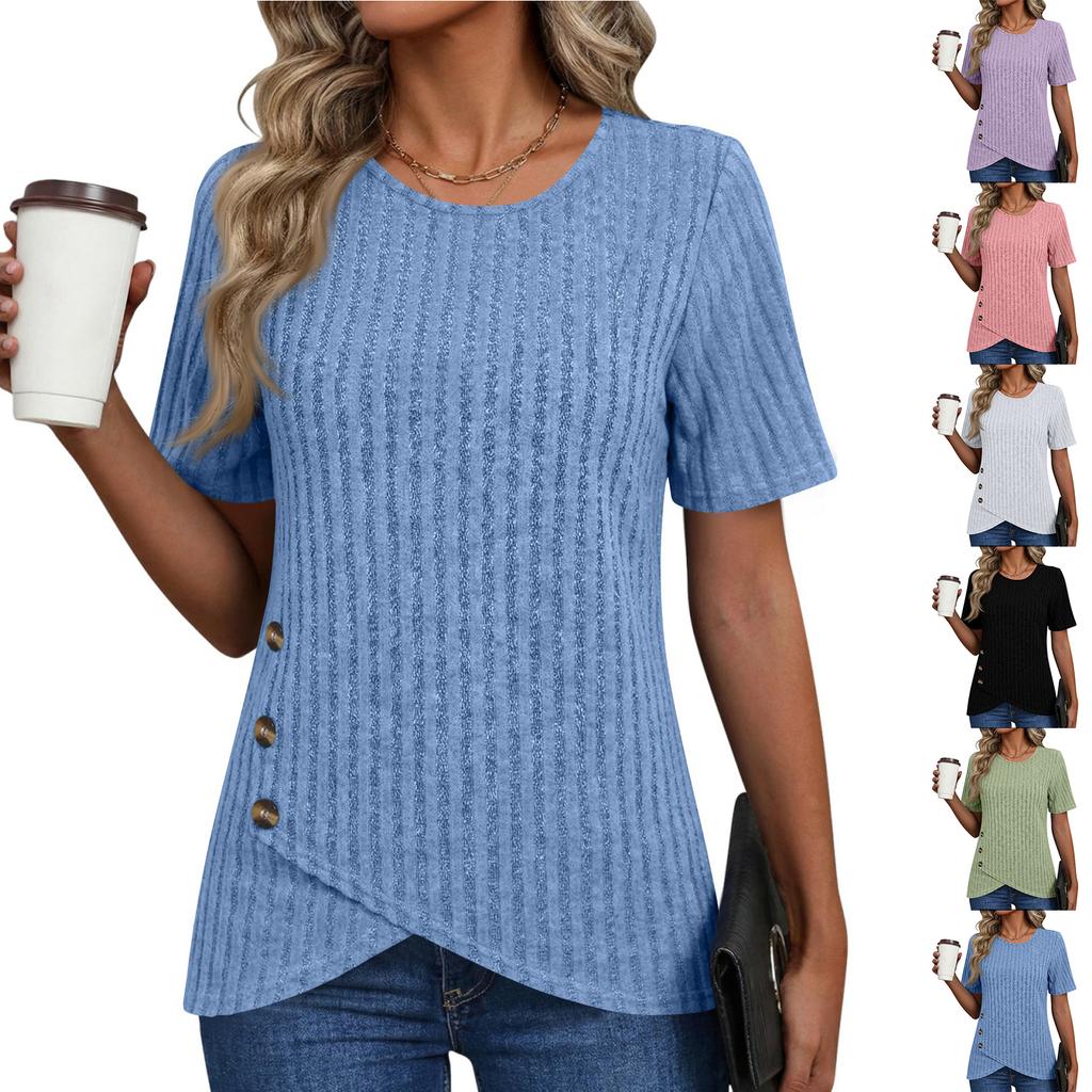 Women Short Sleeve Ribbed Knit Top Button Detail Round Neck Asymmetric Hem Casual Blouse Lightweight Soft Fabric