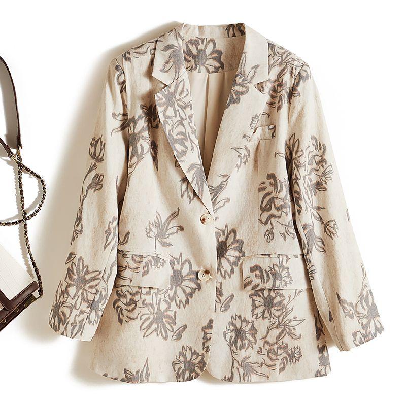 

Chinese Ink Painting with Elegant Color! Chasing Quality Women Long Long sleeve Single-Breasted Ramie Cotton Suit Spring and Autumn Outerwear Flower color 3XL