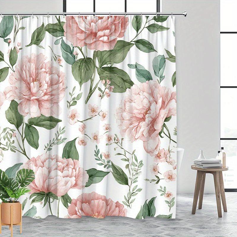 1pc Pink Peony Delicate Flowers and Green Leaves Watercolor Shower Curtain Polyester Fabric Machine Washable Bathroom Decor