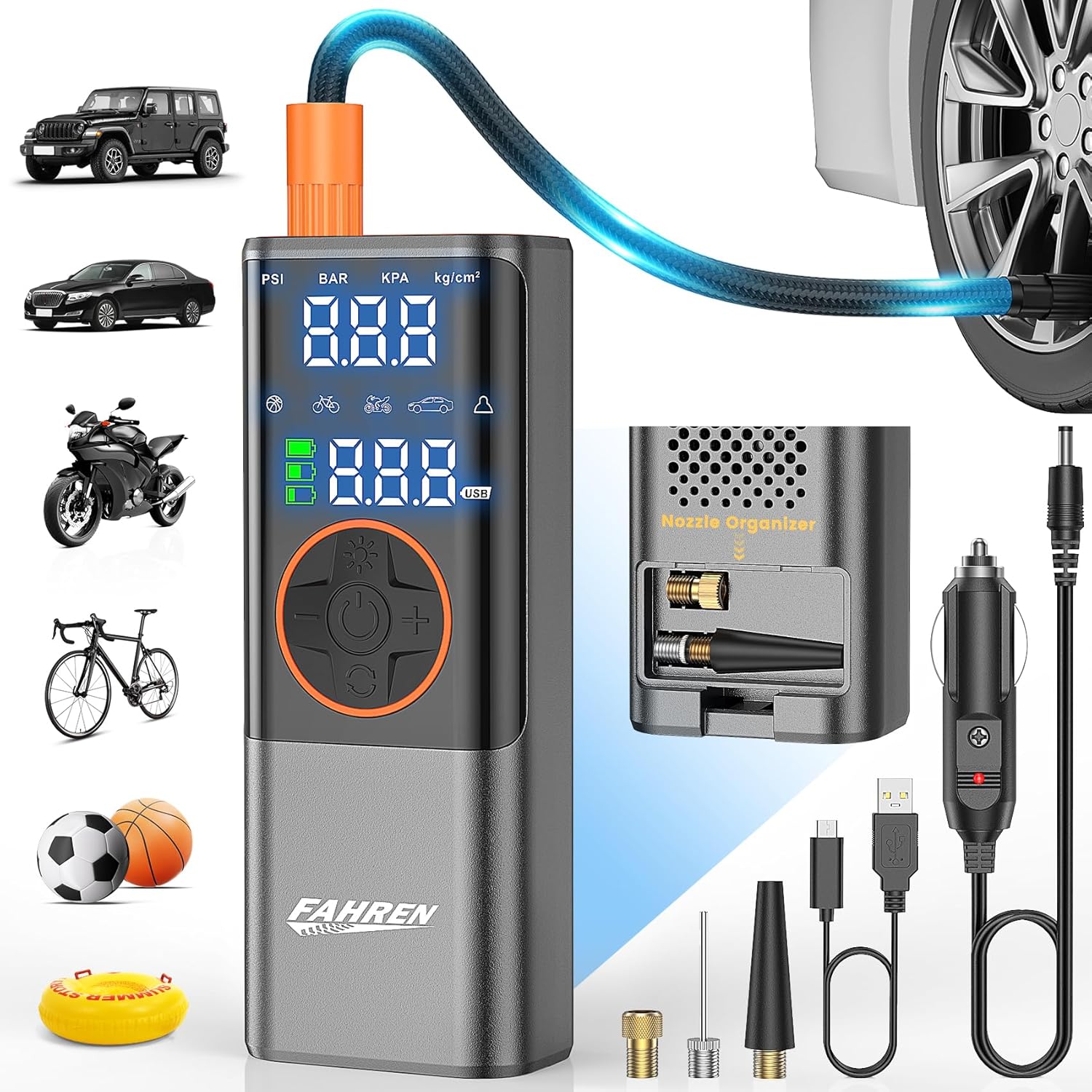 FAHREN Portable Tire Inflator for Car, 150PSI Cordless Tire Inflator Portable Air Compressor, Rechargeable Digital Tire Inflator with Gauge, Air Pump