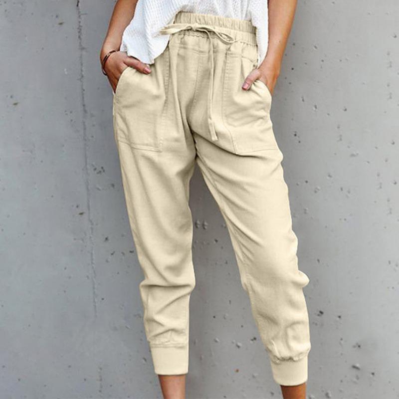 Summer Women Loose Plus Size Solid Color Simple Lace Up Slim Casual Nine Point Slimming Trousers