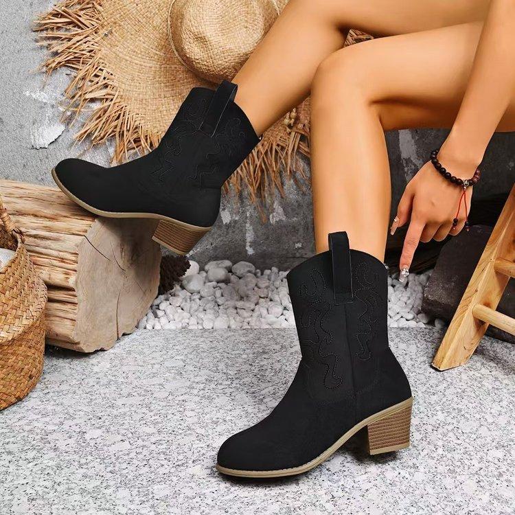 Retro Pointed Thick Heel Western Cowboy Leather Boots Women'S Versatile Foot Set Plus Size Fashion Martin Boots