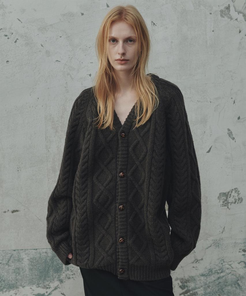 Fromwhere Wool Cable Knit Cardigan_Brown