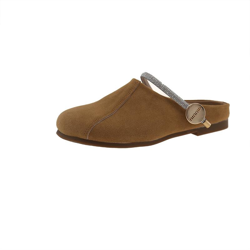 Flat-bottomed Bag Head Half Slippers Women's Summer Wear 2025 New One-pedal Shoes Rhinestone Cold Slippers