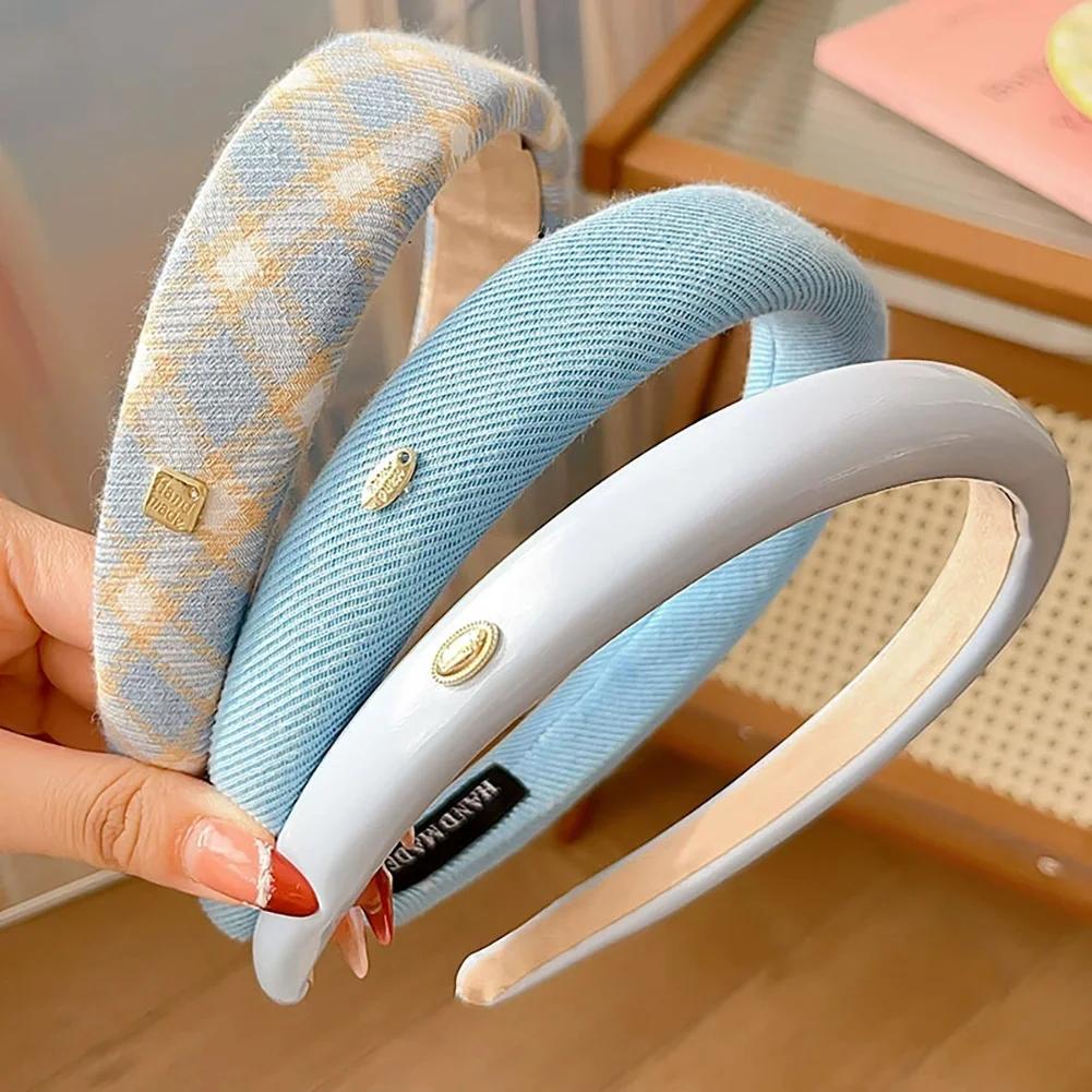 Spring Summer Women Solid Color Head Hoop Set Princess Girls Sweet Plaid Cloth Headbands for Children Daily Headpiece