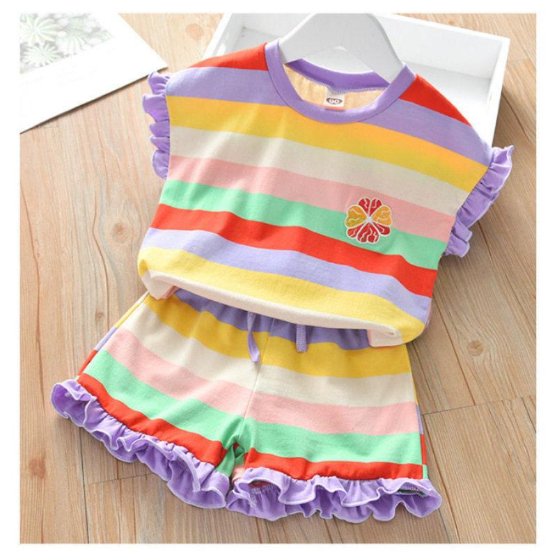 Girls Summer Rainbow Sports Set Toddler Short Sleeve T Shirt And Shorts Two Piece Casual Outfit