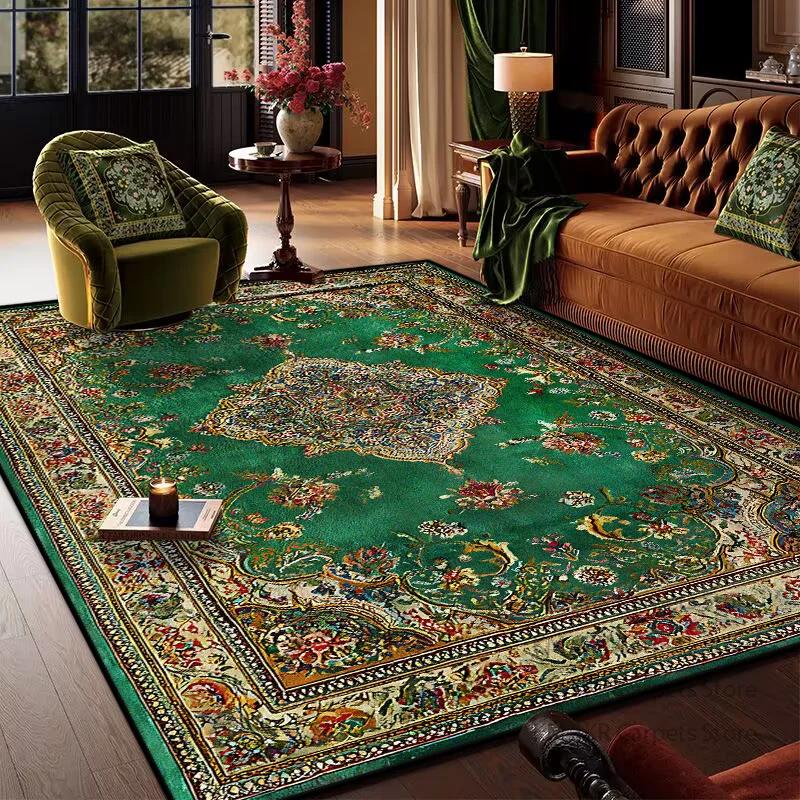 Retro Böhmischer Persischer Grüner Teppich für Wohnzimmer Bequem Weich Rutschfest Schlafzimmerteppiche Klassische Eingangstürmatte Waschbar