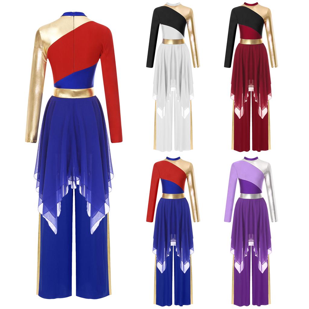 Dámský lyrický taneční outfit Dlouhý rukáv Color Block Patchworkové šaty Nepravidelný lem Kalhoty se širokými nohavicemi Vystoupení set