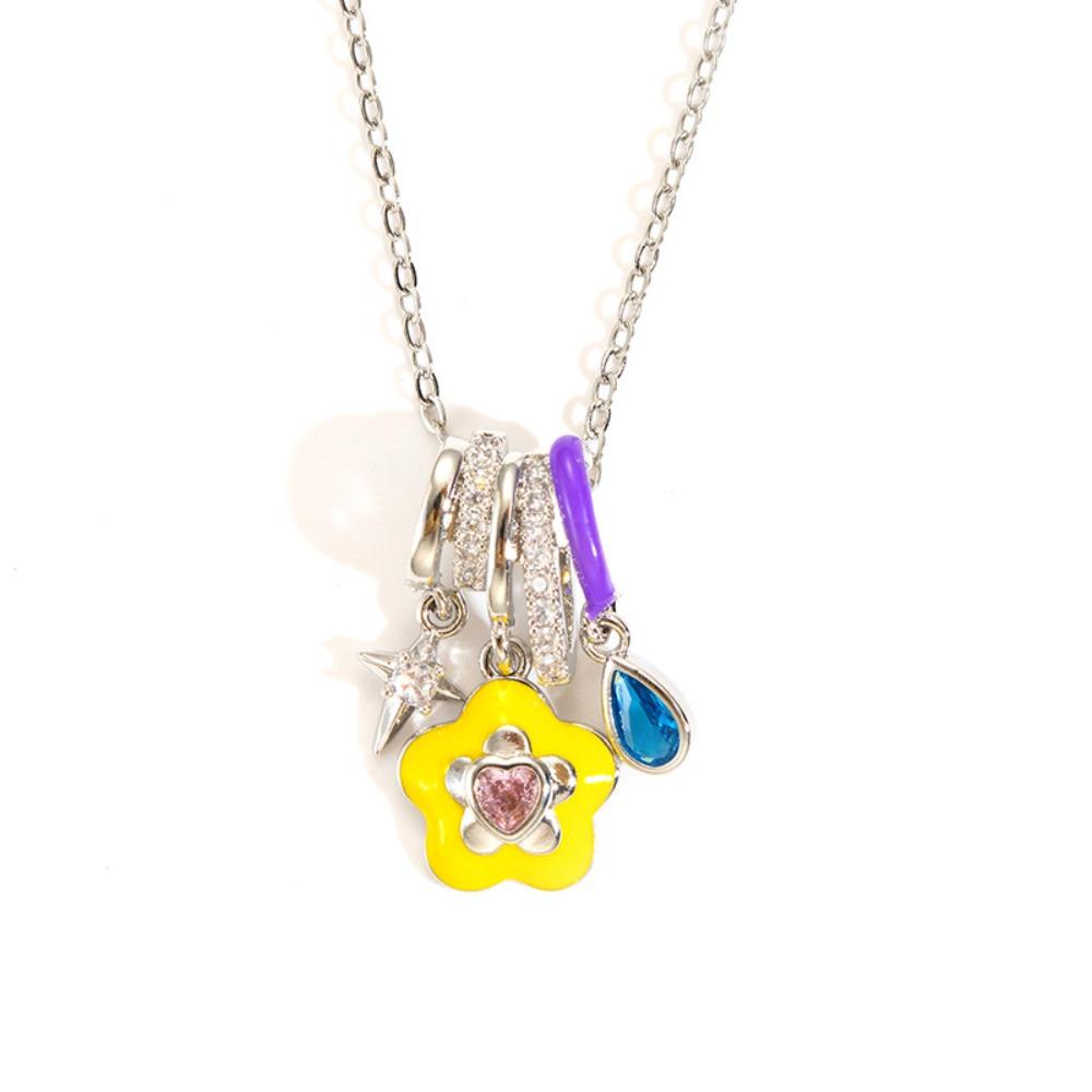 Stainless Steel Flower Zircon Necklace Simple Elegant Enamel Pendant Jewelry Gift silver Flower