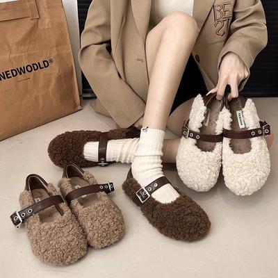 Versatile Warm Mao Mao Shoes New Doudou Shoes Women's Buckle Classic Cotton Shoes Low-top One-word Winter 2025 Outer Wear One Pedal
