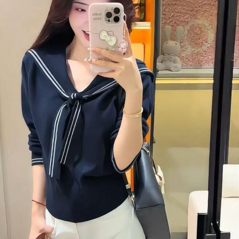 College Style Navy Collar Autumn and Winter Knitted Sweater Versatile Design Sense Fashion Short Top Women