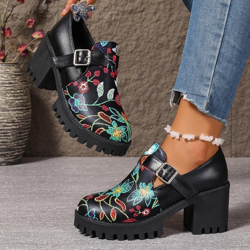 Ladies Shoes 2024 Brand Buckle Strap Women's High Heels Fashion Printing Office and Career New Round Toe Plus Size Heels Women