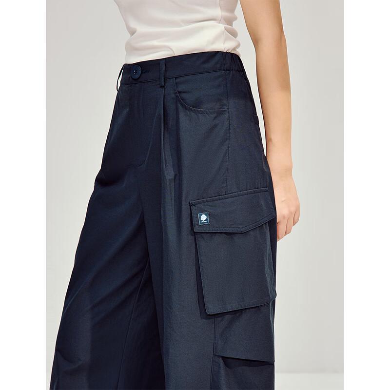 INMAN Women's Casual Wrinkled Poplin Wide-Leg Cargo Pants
