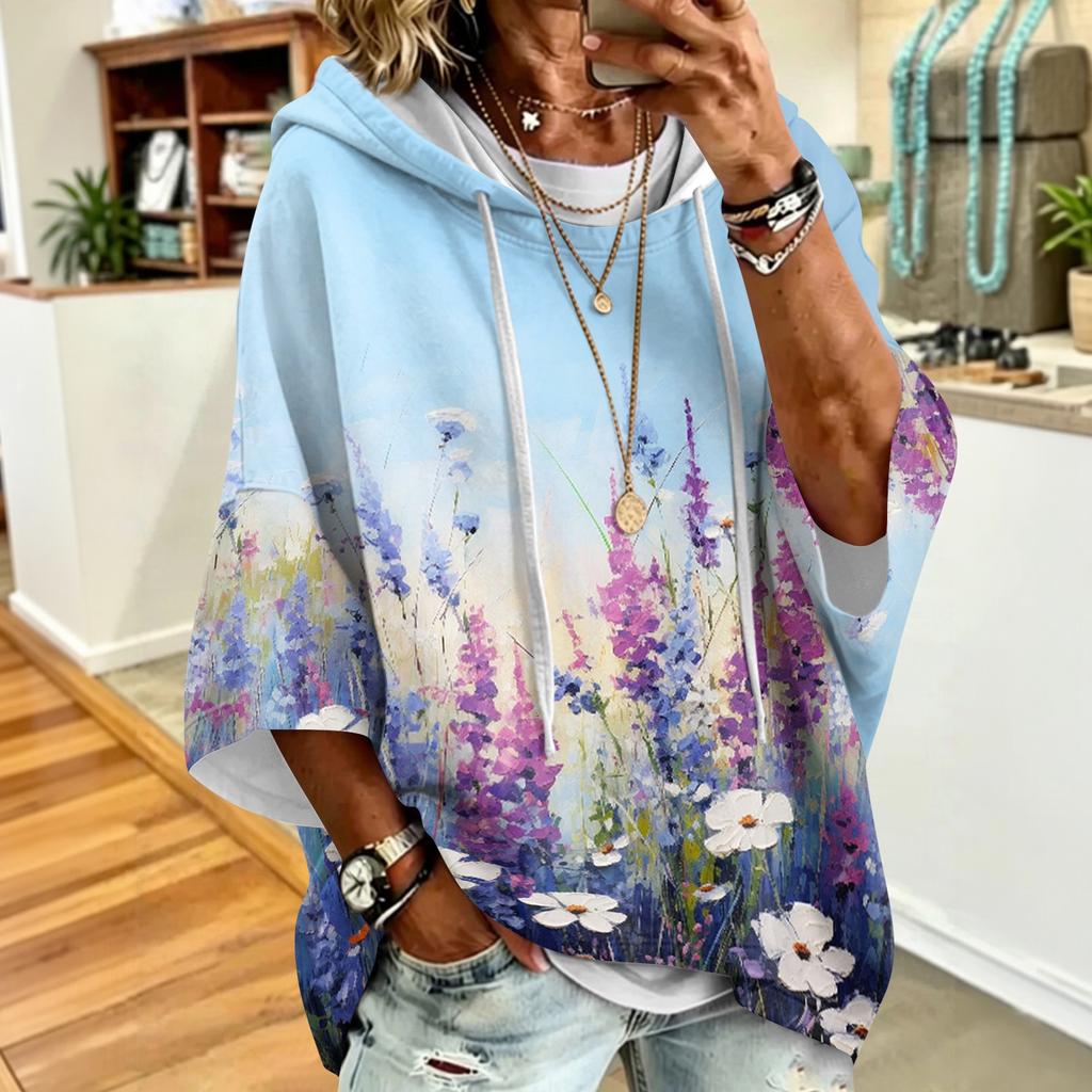 Women's Vintage Floral Print Drawstring Hoodie Loose Fit Casual Sweatshirt Top