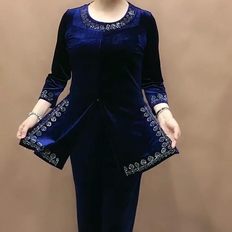 2pcs Pants Suits High-end Autumn Retro Women's Velvet Printed Plus-size Blouse High-waist Velvet Pants Two-piece Set