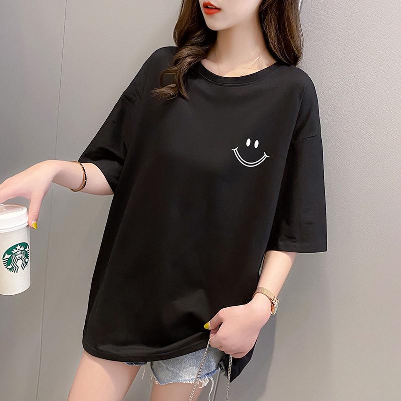 

3211 #real shot [rear bag collar] pure cotton short-sleeved t-shirt women s medium and long large size loose 2025 new summer S