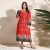 Round Necked Dress Long Sleeve High Waist Dress for Women Ethnic Style Printed Dress Plus Size Tie Up Dress Loose Versatile Dress Oversized Dress