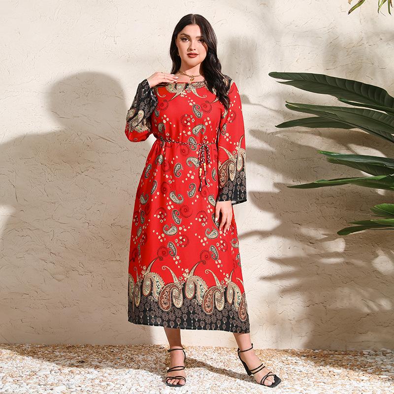 Round Necked Dress Long Sleeve High Waist Dress for Women Ethnic Style Printed Dress Plus Size Tie Up Dress Loose Versatile Dress Oversized Dress