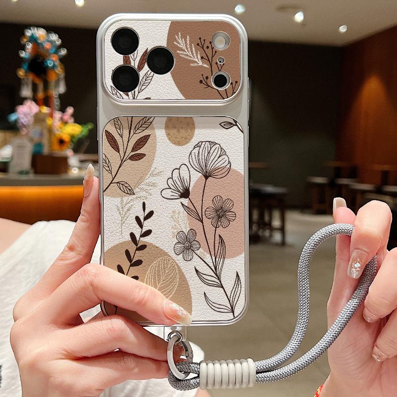 Cartoon Daisies Flower Pattern Leather Lanyard Case For iPhone 18 Pro Max Hybrid TPU+PU Anti-skid Soft Cover For iPhone 17 16 15 14 13 Pro Max