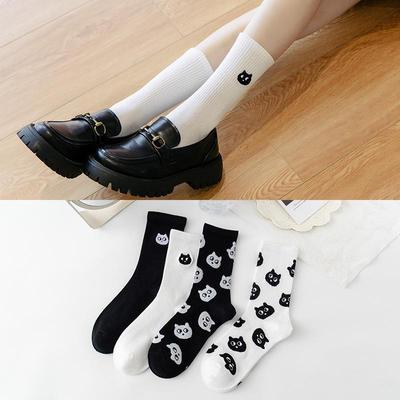 Women's Black and White Mid-Tube Cotton Socks - Trendy Japanese Embroidered Autumn/Winter Style