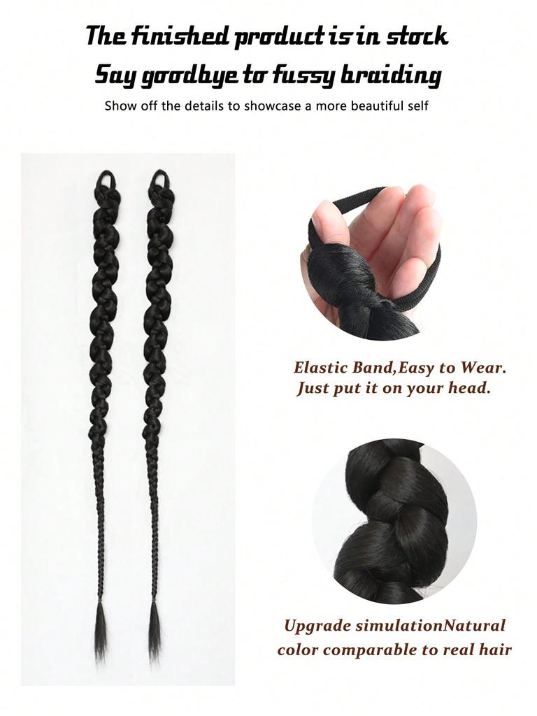 Synthetic 26Inch Boxing Braids Ponytail Extension With Rubber Band Hair Ring For Girls Women Black Wig
