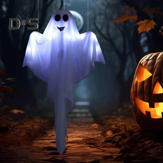 Halloweenská závěsná dekorace duch zářící bílý duch se světlem provázku Vnitřní venkovní světelná rekvizita duchů pro vystavení strašidelného domu na večírku