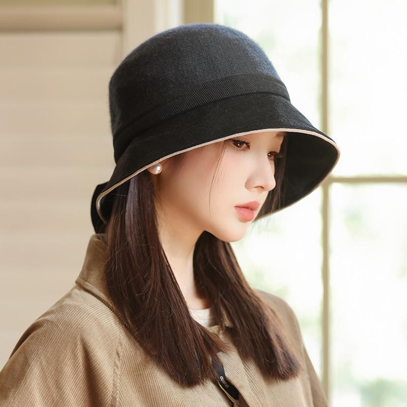 Autumn and Winter Hat for Women with Big Brim Showing Face Small Fisherman Hat Retro Versatile Pot Hat Japanese Bow Bucket Hat