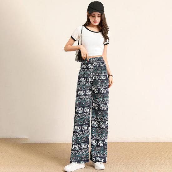 Women Casual Pants Wide Leg Elephant Print Elastic Waist Adjustable Drawstring Loose Fit Trousers Travel Work Daily Wear