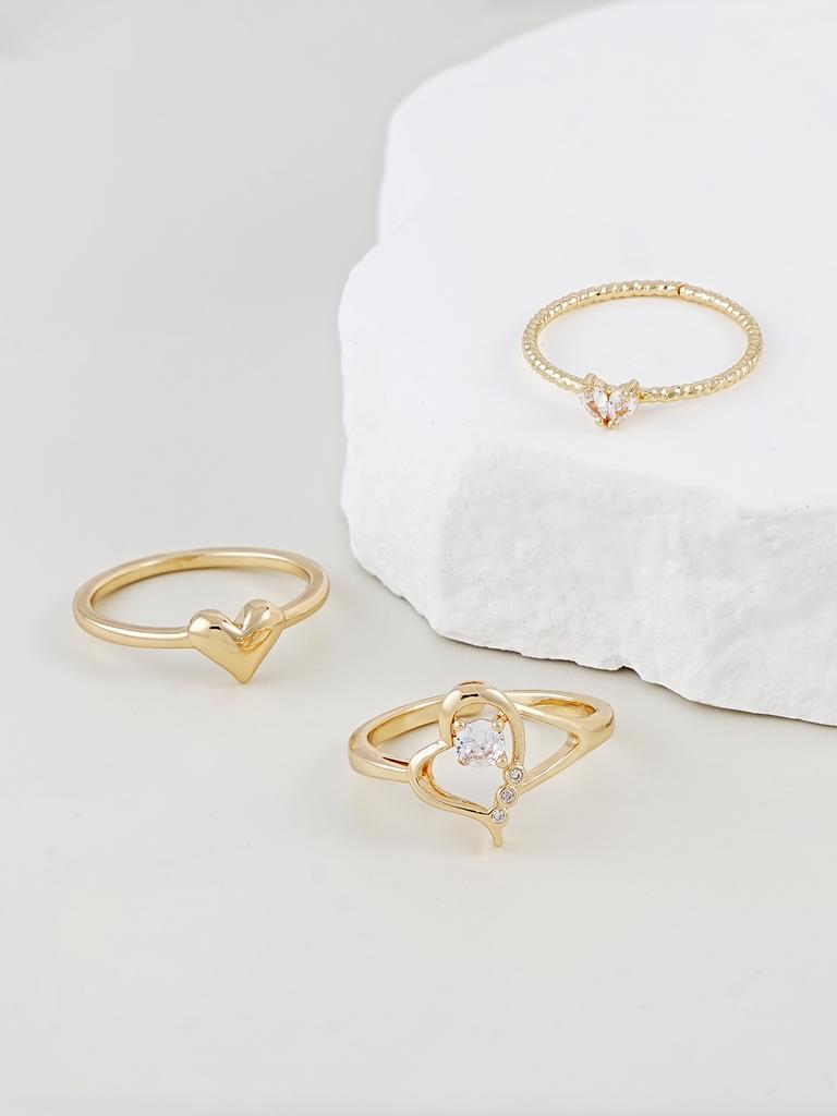 3pcs Set Cubic Zirconia Inlaid Heart Shaped Rings, Suitable For Women's Daily, Party, Date Wear, Stackable, Perfect Gift