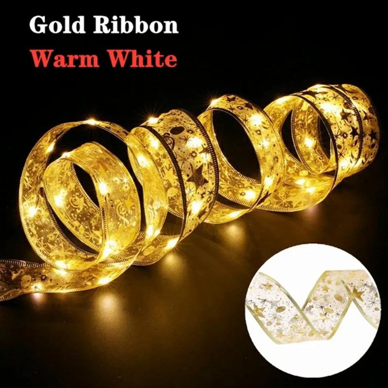 1/3/5M Christmas Tree Decoration Ribbon Lights DIY Bronzing Lace Ribbon String Lights For New Year Xmas Party Home Decolation