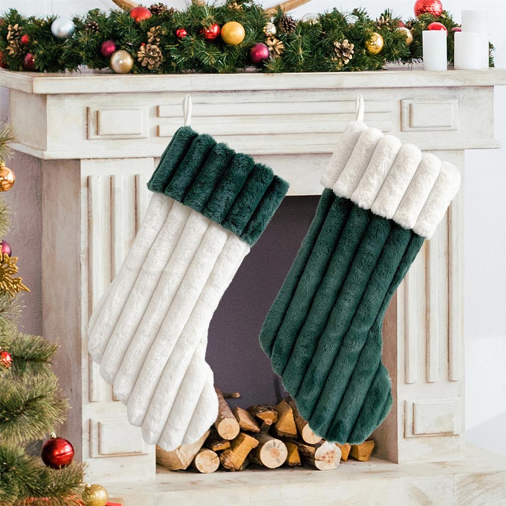 Plush Christmas Stocking Soft Faux Fur Vertical Channel Design Hanging Loop Holiday Decoration for Home Fireplace Mantel