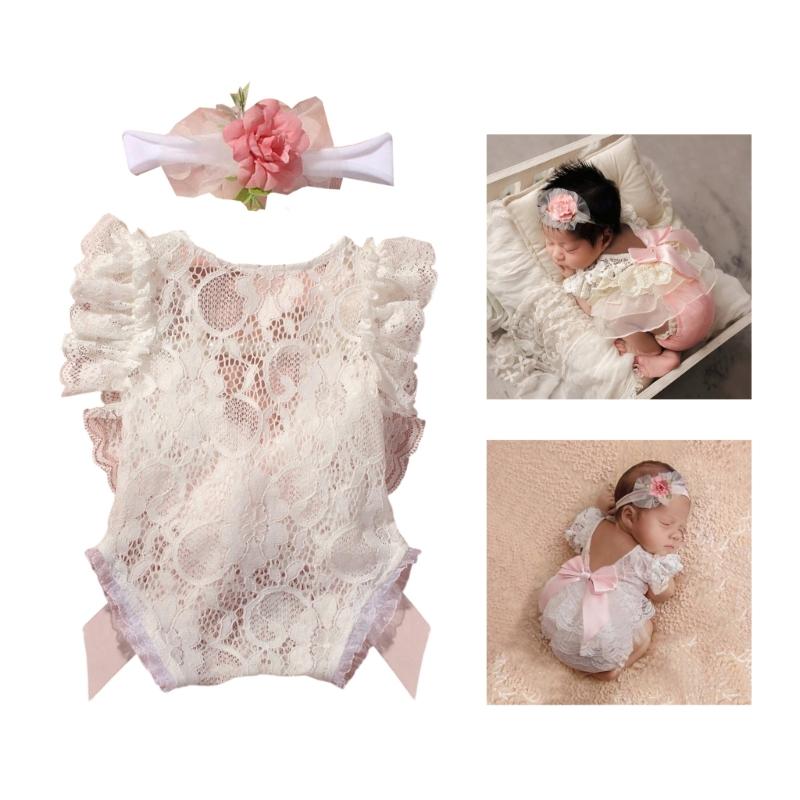Infant Lace Backless Bodysuit Sleeveless Romper with Bowknot Flower Headband Photo Props for Photoshoots And Parties