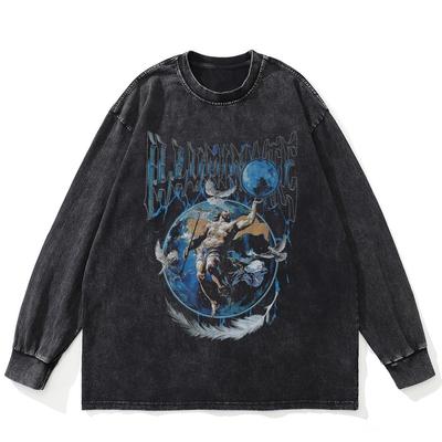 Streetwear Zeus Graphic Washed Black T-Shirt Cotton Unisex Plus Size Long Sleeves T Shirt