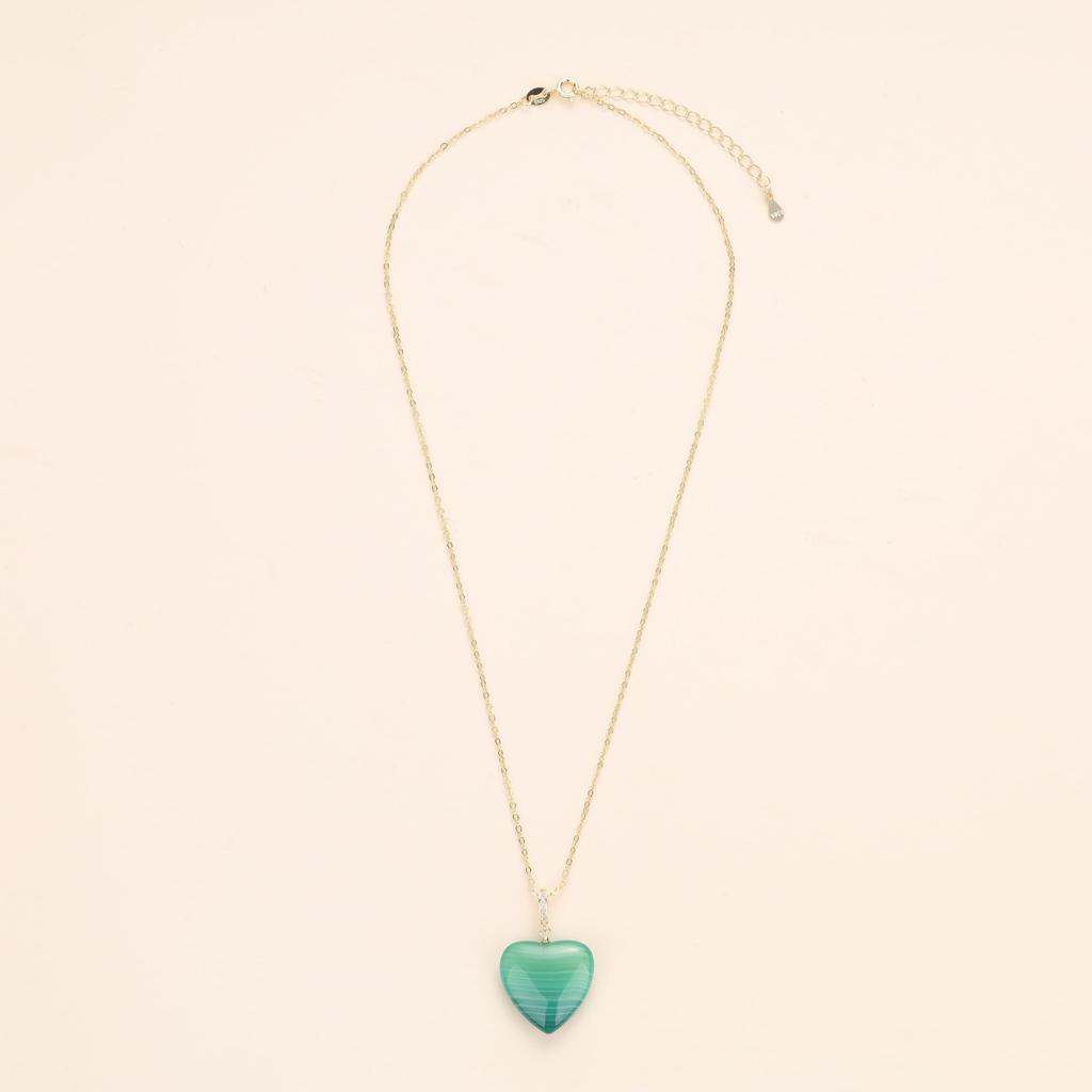 Love Heart Line Green Agate Healing Power Stone Heart Necklace for Women [KOAI]