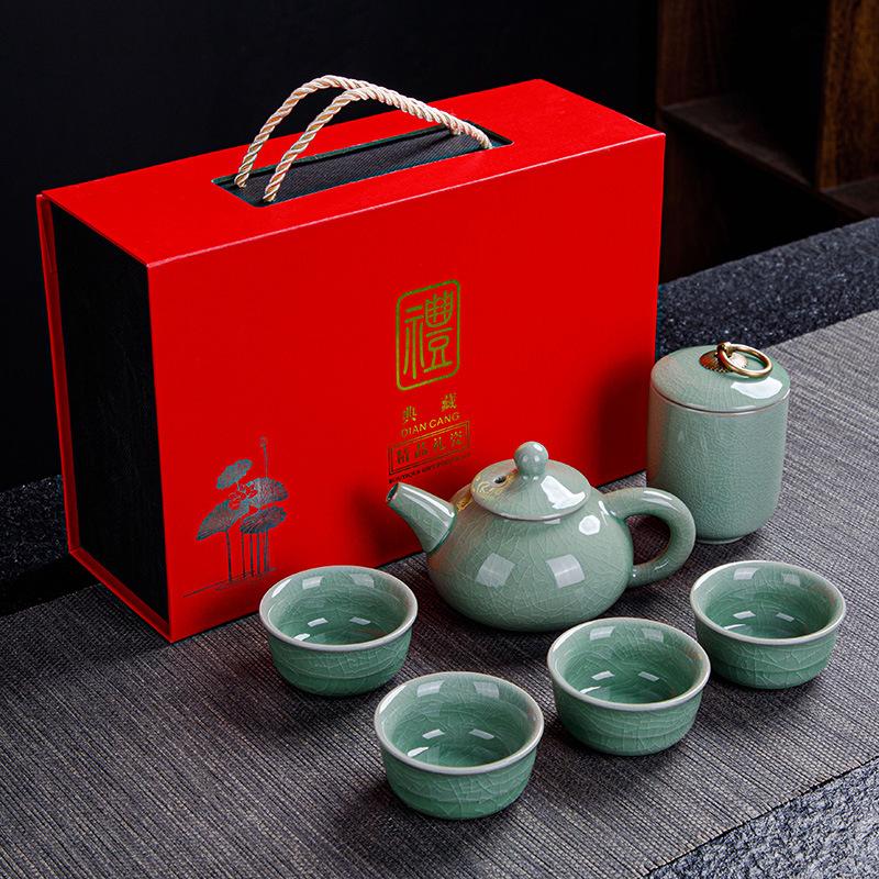 Ceramic Kung Fu Tea Set Gift Business Gift Set Ge Kiln Ru Kiln One Pot Six Cup Gift Box Ice Cracked Glaze