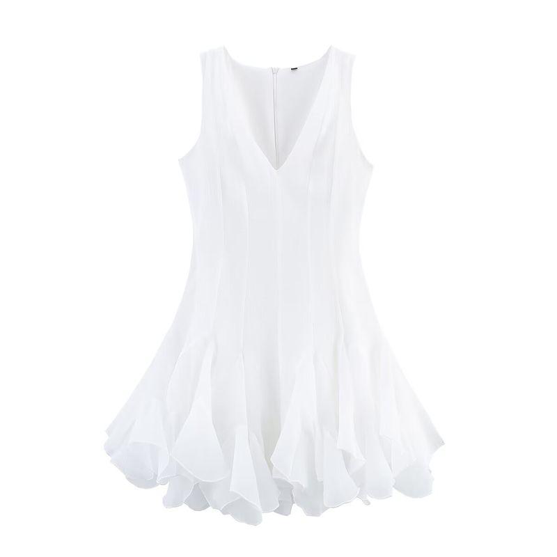 

Kaslead New Women clothes Western Style Fashion Texture Insert Hem V-neck Sleeveless Dress White L