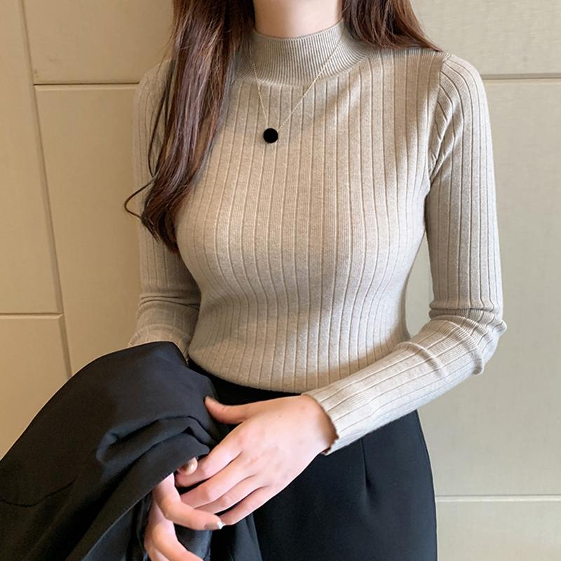 Autumn Winter Mock Neck Women Sweater Vintage Basic Solid Knitted Tops Casual Slim Pullover Korean Sweaters Simple Chic Jumpers