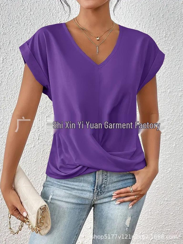 2025 Bestseller Women's Solid V-neck Short-Sleeve T-shirt - Elegant Spring/Summer Top