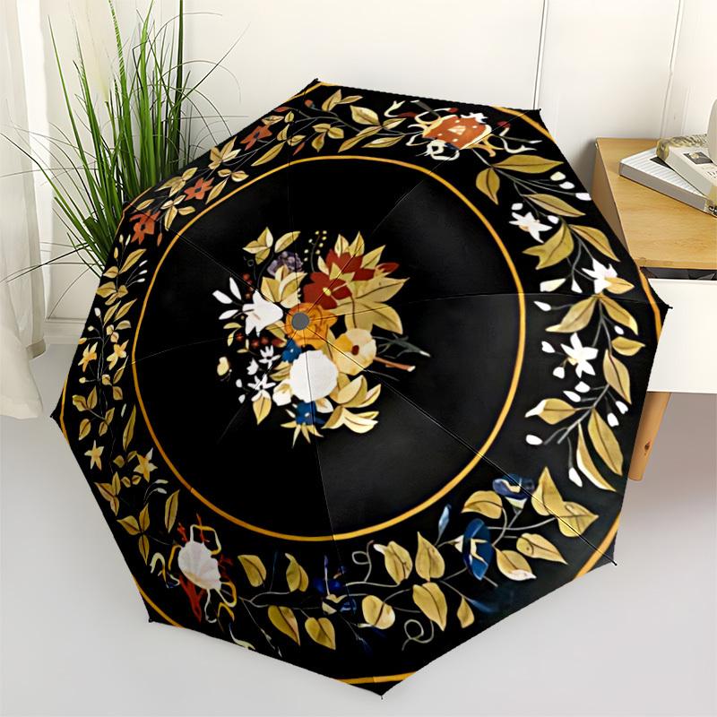 

1pc Floral Decorative Automatic Umbrella - Stylish, Durable, with 8-Rib Manual Open Design, Elegant Black Handleyy250920138