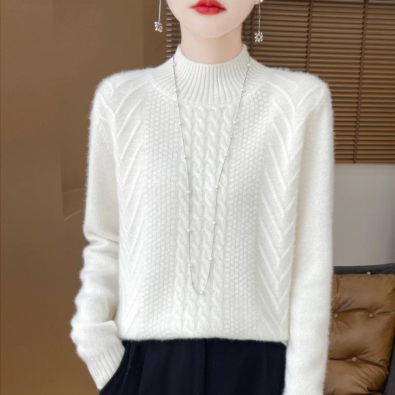2024 Women's Thick Wool Cable Knit Half-High Neck Pullover Sweater for Autumn and Winter.