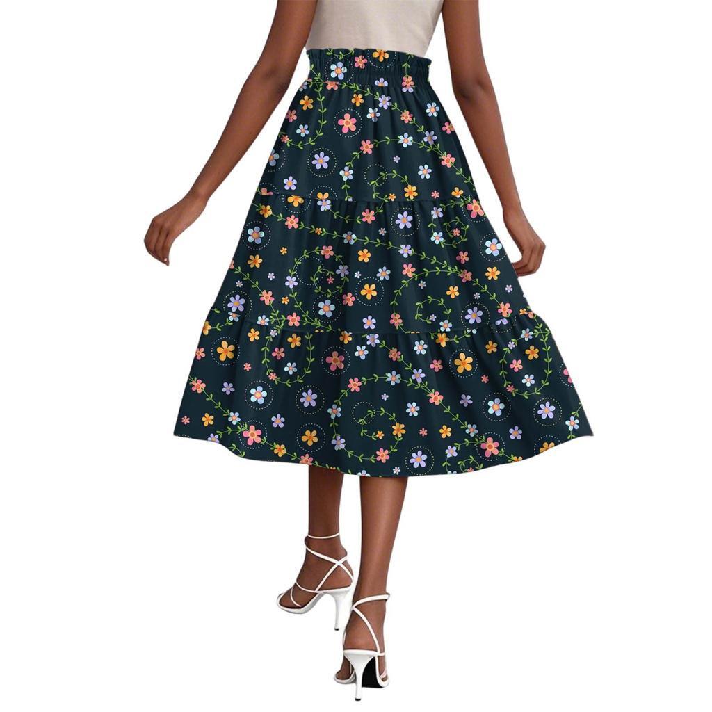 Dámská móda s květinovým potiskem, stahovací šňůrkou, elastický pas, ležérní volná sukně bez kapes, do poloviny těla