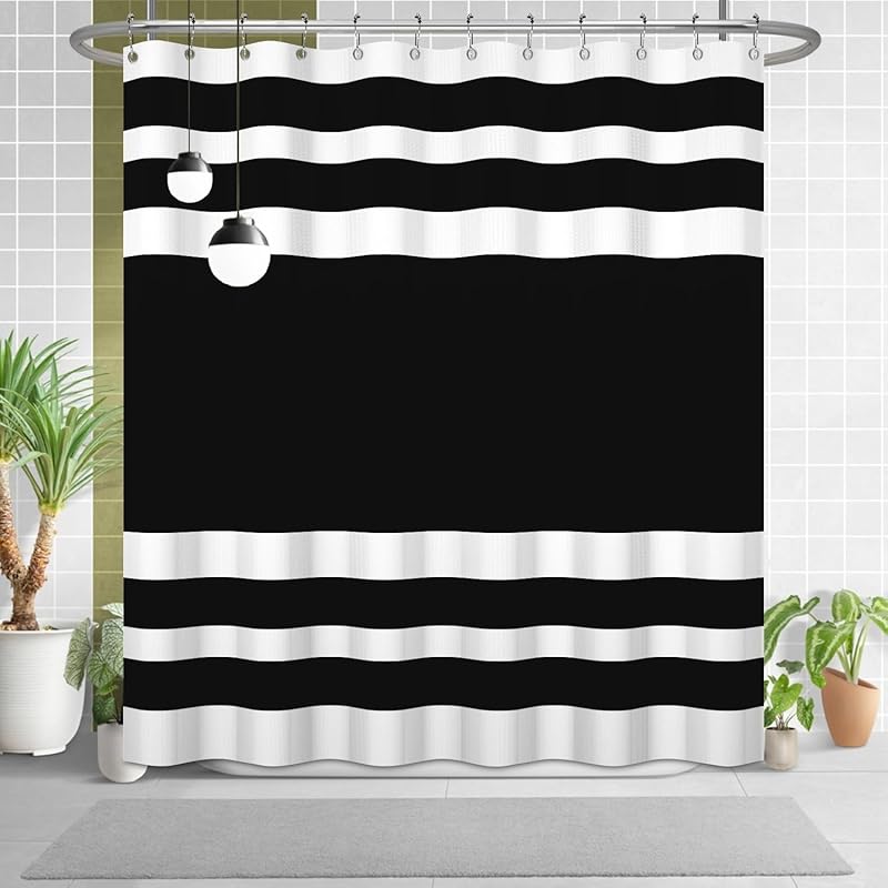 White Navy Blue Shower Curtain for Bathroom 72x72inches Boho Navy Blue and White Striped Waffle Shower Curtain Set with Hooks Bohemia Geometric