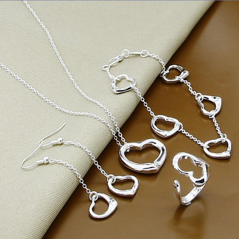 Silver-Plated Korean Style Five-Petal Flower Jewelry Set: Bracelet, Necklace, Earrings, Ring (T117)