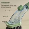Long-Handled Dishwashing Brush with Automatic Liquid Dispensing and Steel Wire Bristles for Pot and Pet Cleaning.