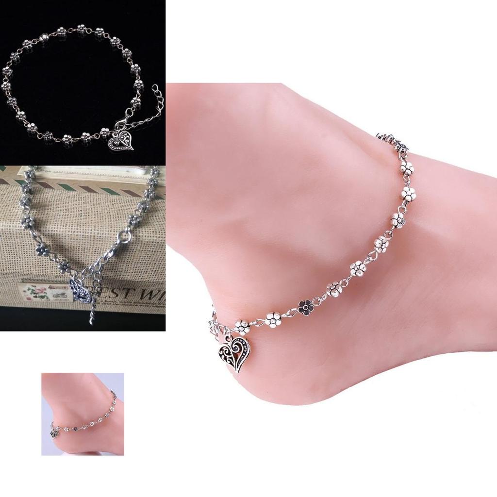 Stylish Women Bead Chain Anklet With Charming Heart And Flower Accents For Beachwear