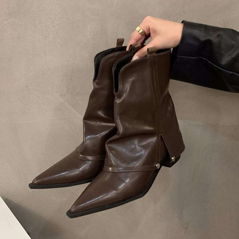 Thick Heel Pointed Pants Boots Fried Street Short Boots Women's Shoes Spring and Autumn New Summer Brown Western Cowboy Boots