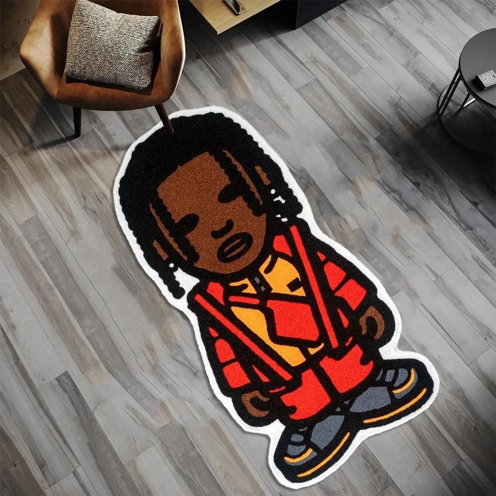 Hip Hop Masked Boy Shaped Area Rug, Streetwear Cartoon Floor Mat, Non-Slip Washable Bedside Carpet for Bedroom