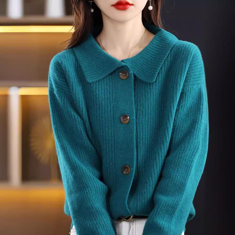 

Осень Новый Нежный Ретро Однотонный Воротник Вязаный Кардиган Женский Свитер Свободный Свитер Пальто M